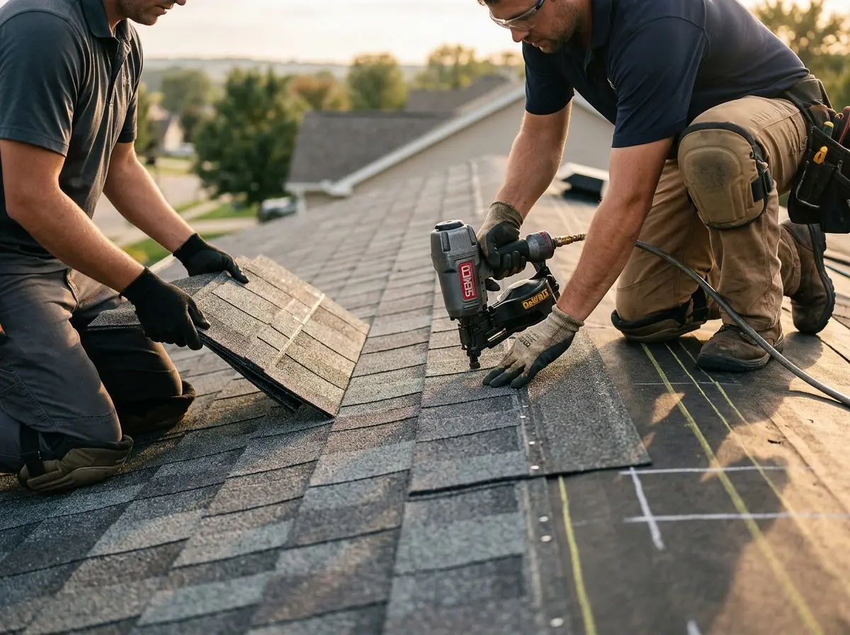 Professional roofer working on a residential roof in Landover
